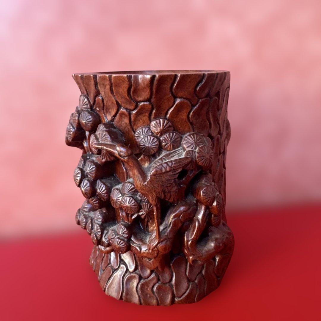 職人手作り製作 筆立て リグナムバイタ 紅木 松 鶴 ツル