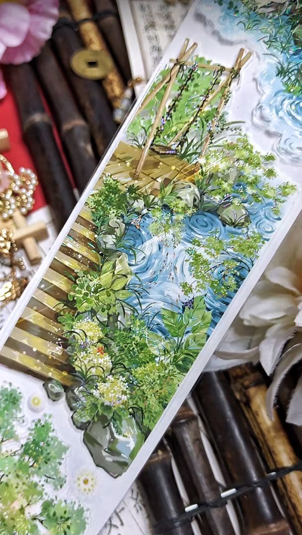 【8754】海外　マステ　5m巻売り　貝殻光カッティング　庭　竹の柵　小川