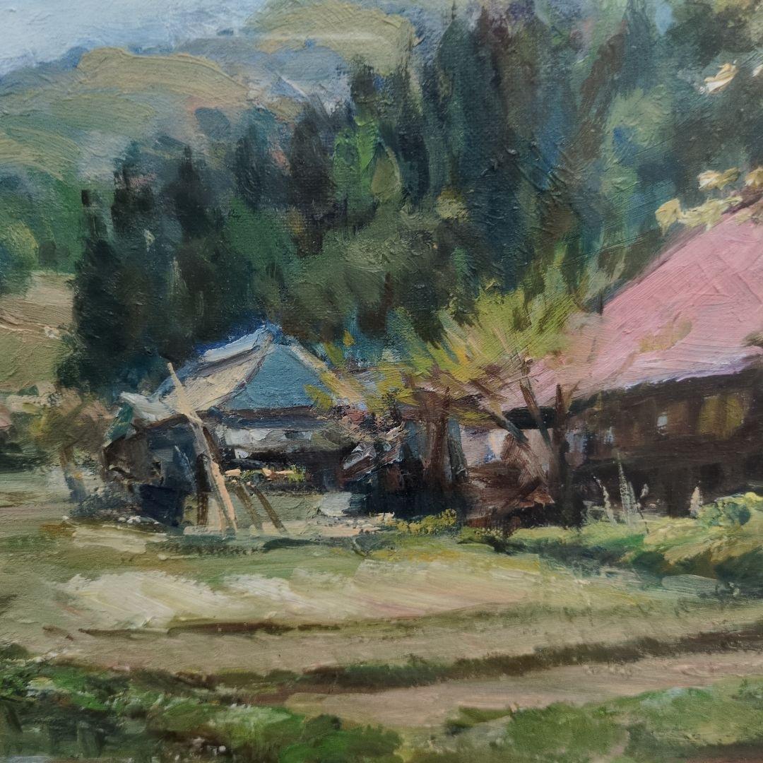 平部正博の油絵F４。山里が描かれています。額も大変良いものです。美術年鑑掲載作家