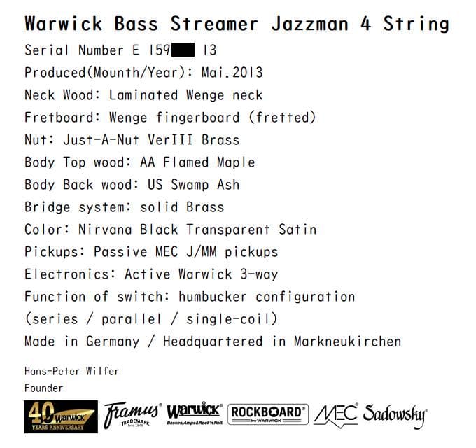 ベース Warwick Streamer Jazzman