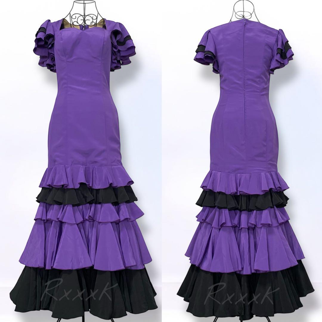 フラメンコ 衣装 ロングドレス ワンピース フリル 紫 黒