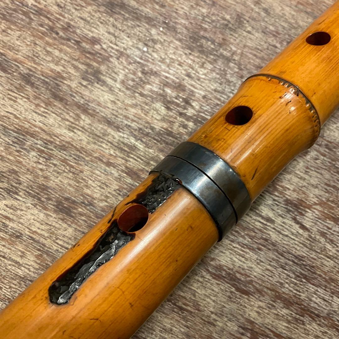 尺八 円山銘 楠華銘 銀継 歌口銀巻き 1尺9寸管 竹製 キャップ