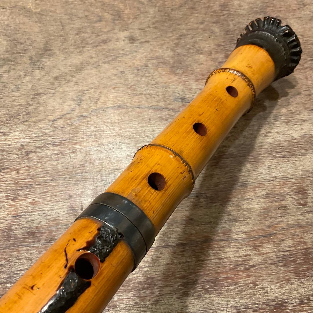 尺八 円山銘 楠華銘 銀継 歌口銀巻き 1尺9寸管 竹製 キャップ