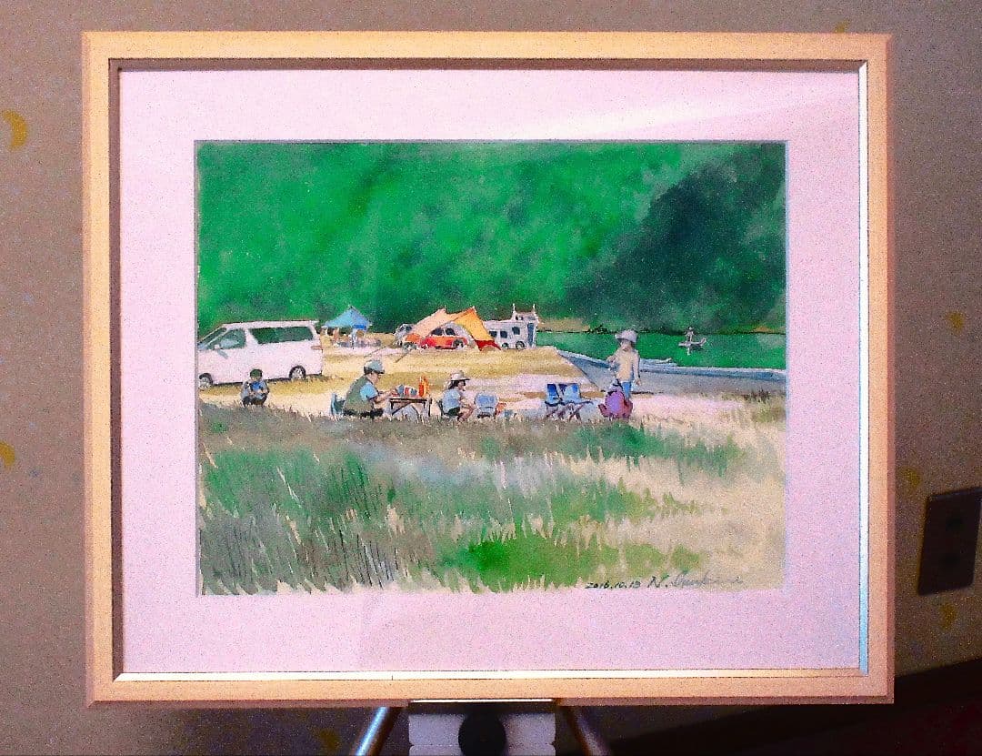 キャンプ風景 水彩画 額縁付き