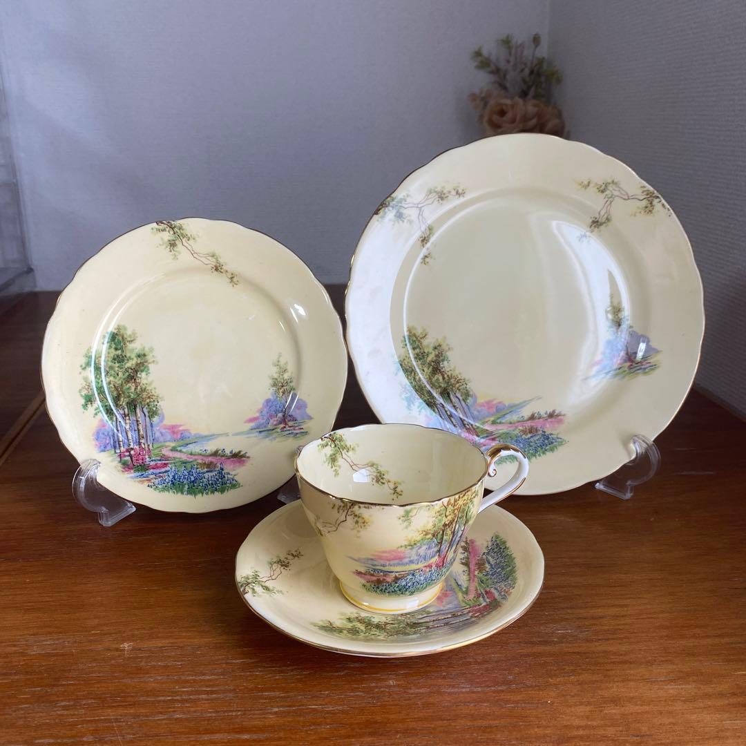 エインズレイ　ブルーベル　クリームイエロー　カルテットカップ　ソーサー　プレート