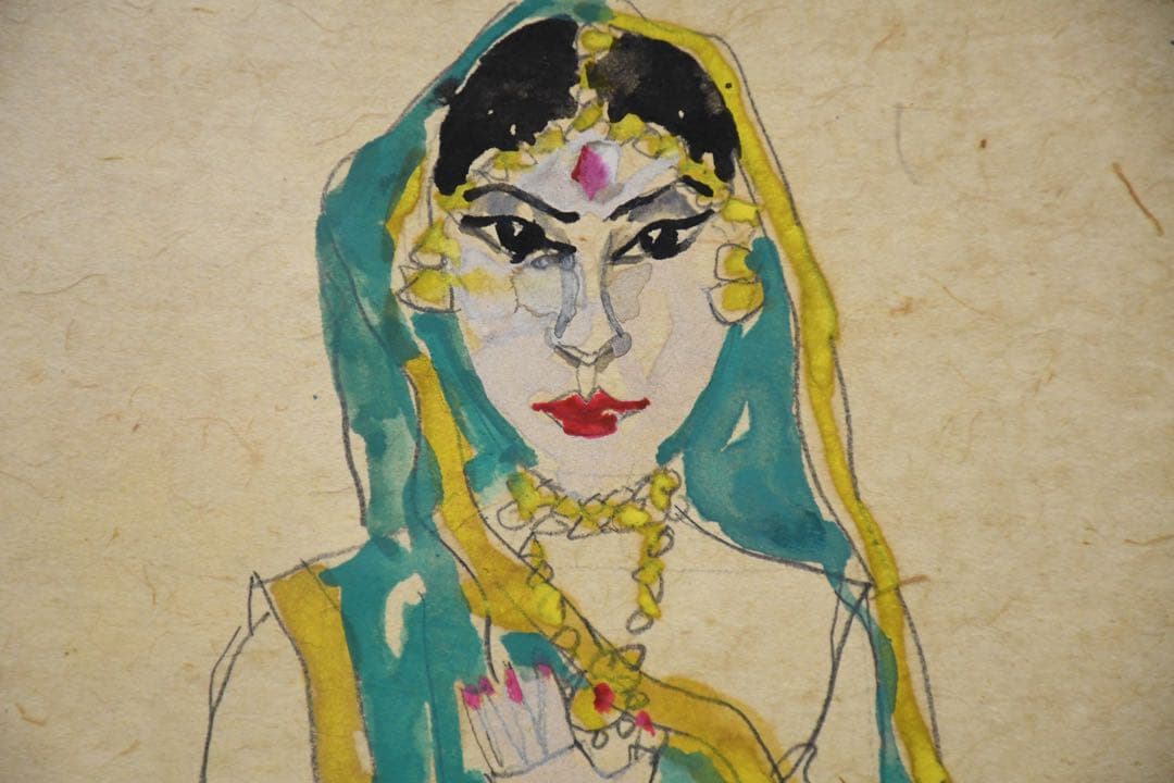 DIC41 真作保証 小川博史 インドの人形 肉筆 水彩画 額装 共シール