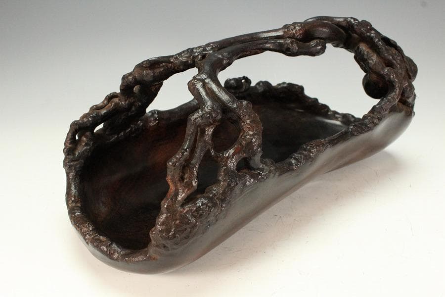 中国美術 紫檀 刻 枝果実 蝸牛 手付 器 39cm 希少(K-A237)