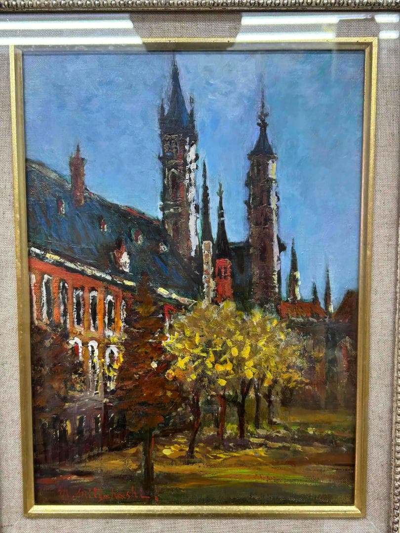 三觜正之 油絵 F4 アムステルダムの教会 額装 風景画 自然画