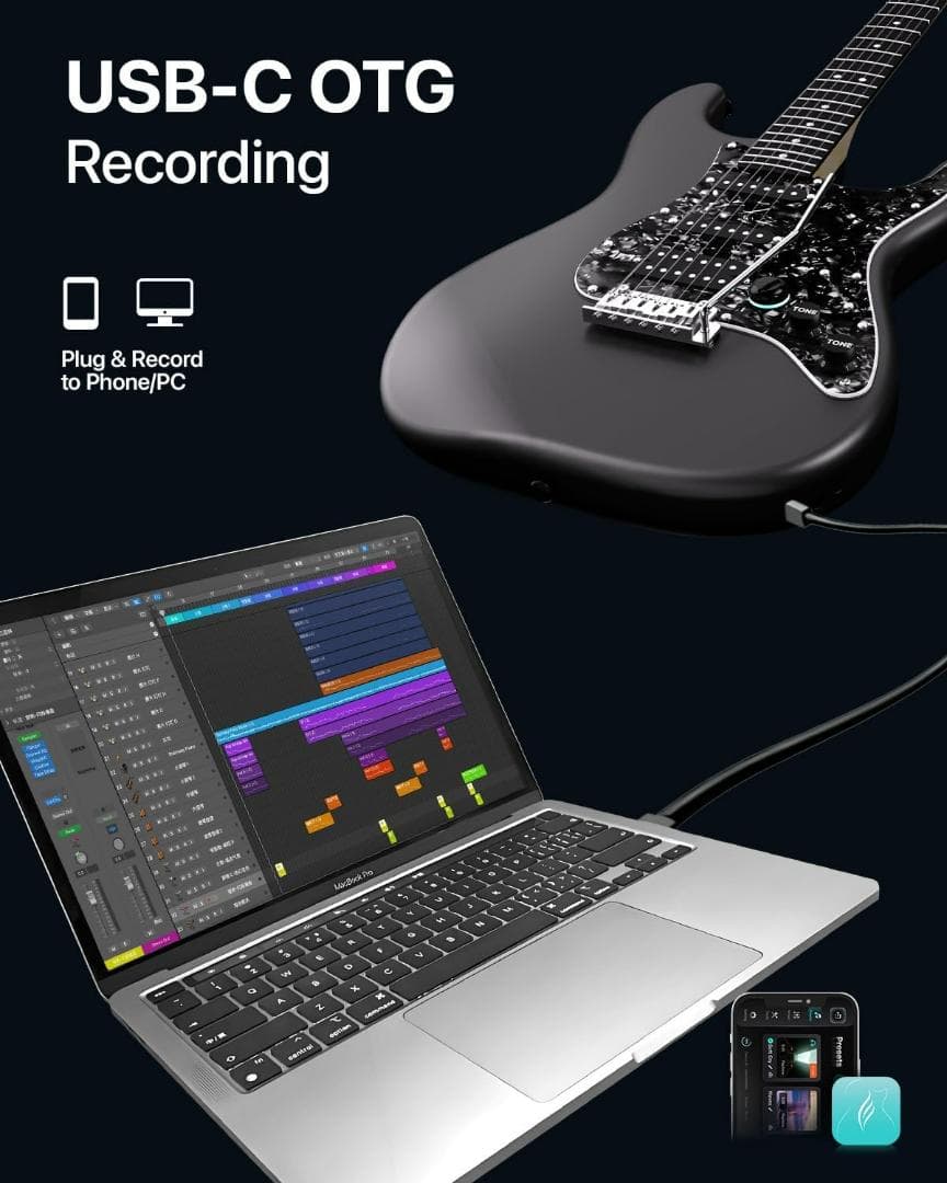 スマート・エレキギター 内蔵DSPエフェクト・4プリセット・USB-C