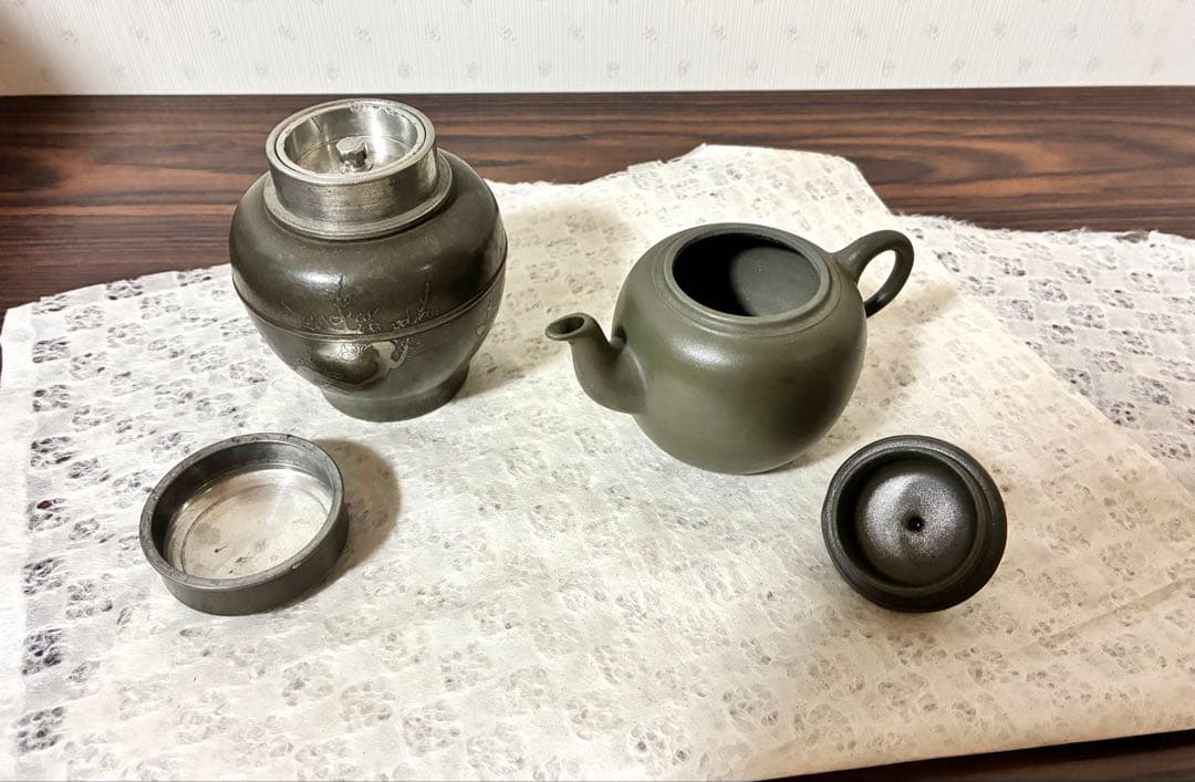 錫製茶入と陶器製急須セット ダークグリーン 茶道具 茶器 骨董品