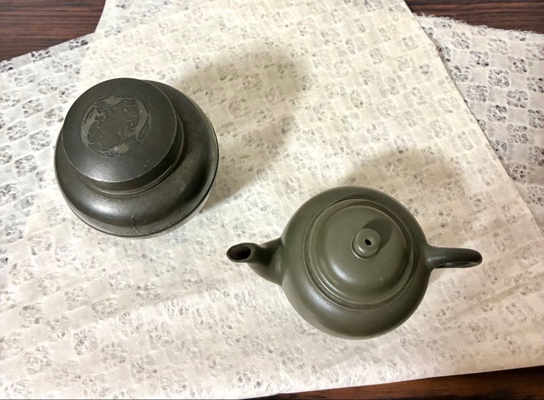 錫製茶入と陶器製急須セット ダークグリーン 茶道具 茶器 骨董品