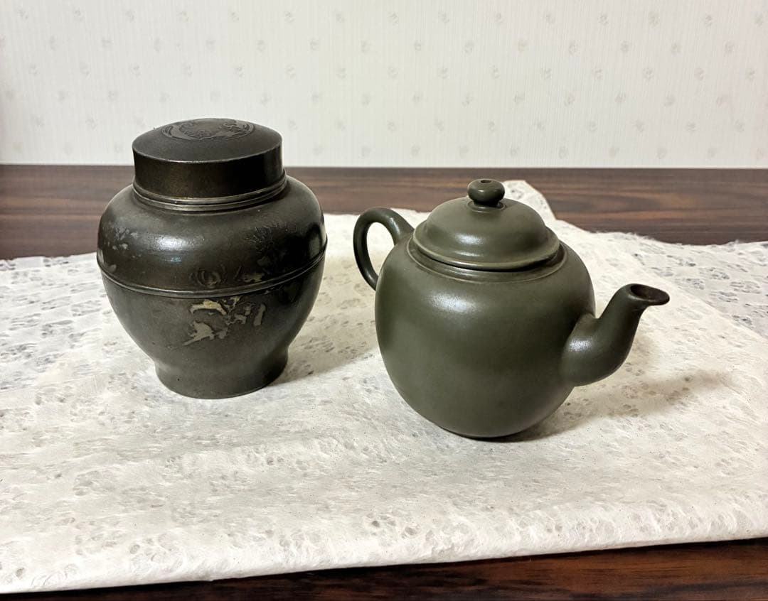 錫製茶入と陶器製急須セット ダークグリーン 茶道具 茶器 骨董品