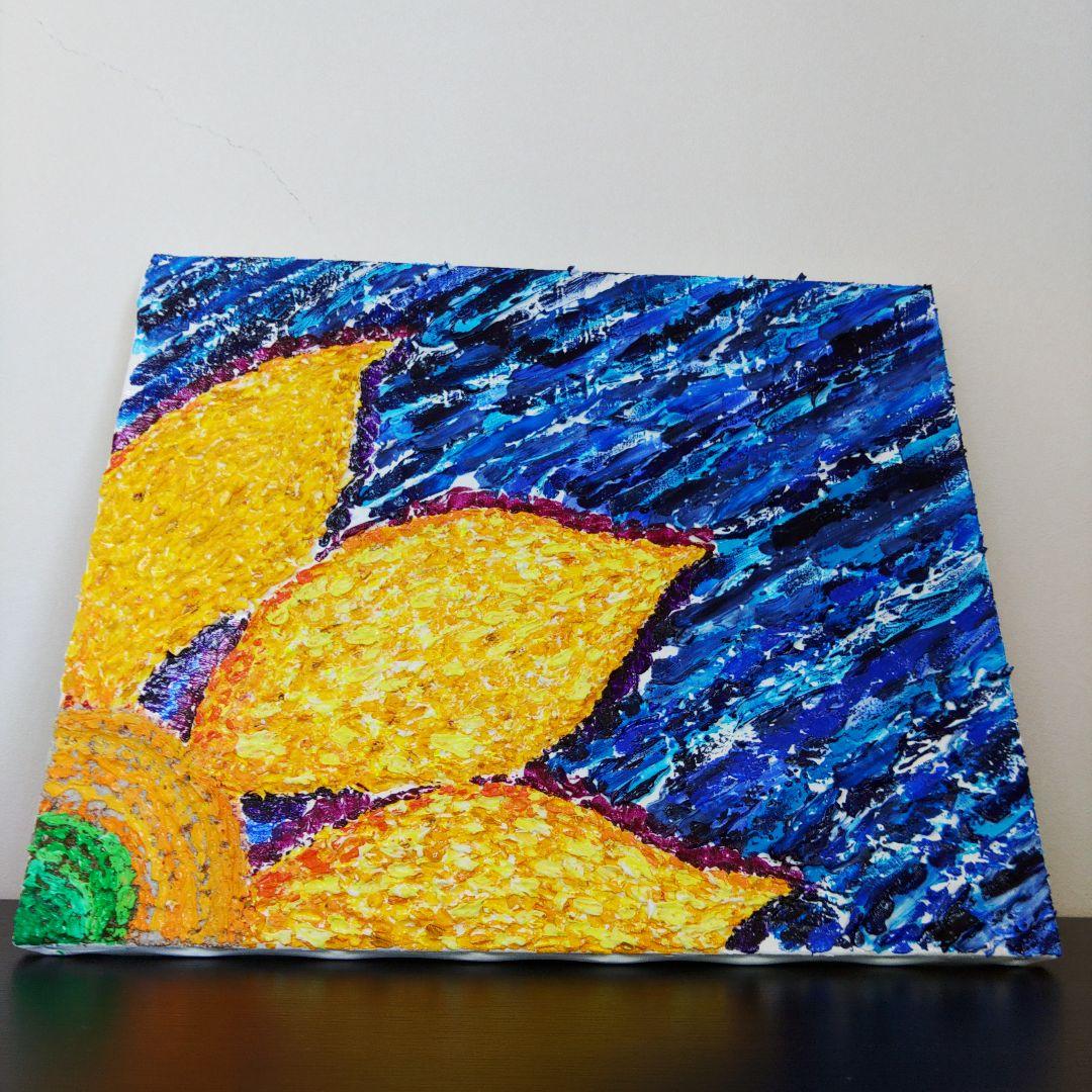 アクリル画 花 ヒマワリ　夏　青　黄色　テクスチャーアート　原画　一点もの