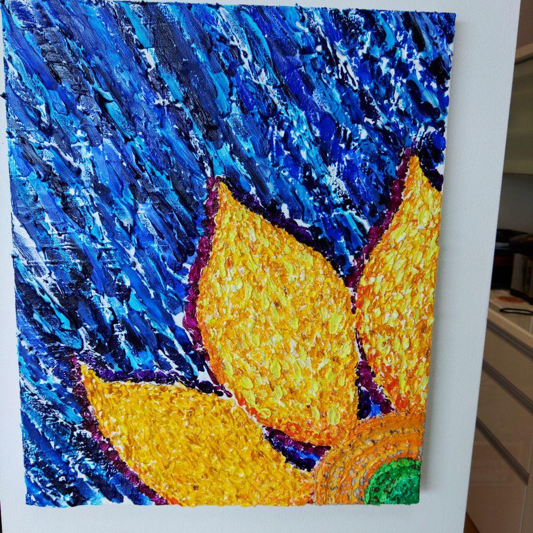 アクリル画 花 ヒマワリ　夏　青　黄色　テクスチャーアート　原画　一点もの