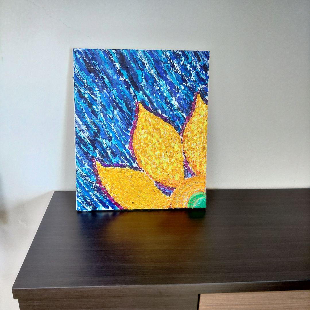 アクリル画 花 ヒマワリ　夏　青　黄色　テクスチャーアート　原画　一点もの