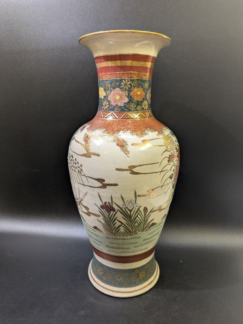 薩摩 錦風作 染錦花鳥図 飾壷 大花瓶 在銘 金彩 花瓶 壺 豪華絢爛 花詰