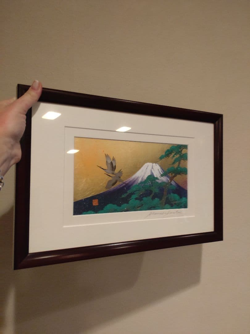 【美品】レア田中貴金属 濱谷紘匡 作 「ツル鳥雪富士」 切り絵金箔額