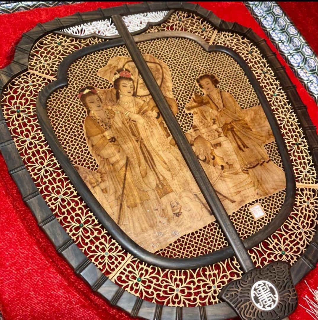 中国美術 唐木造 白檀透彫刻 翡翠 軍配型硯屏 唐団扇　唐物　伝統工芸