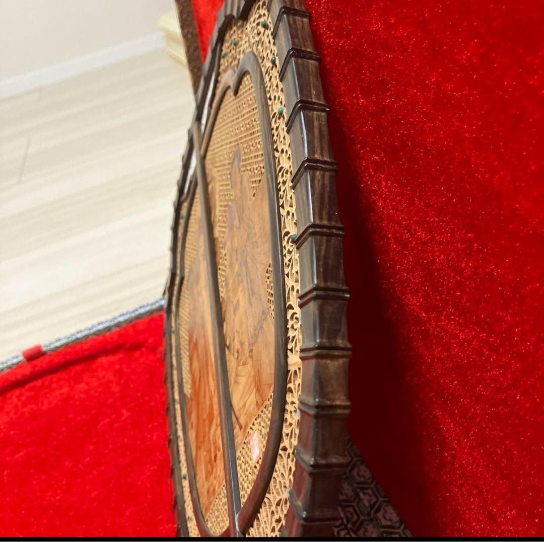 中国美術 唐木造 白檀透彫刻 翡翠 軍配型硯屏 唐団扇　唐物　伝統工芸