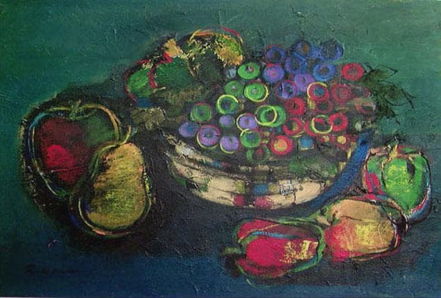 油絵 菅家令子 絵 絵画 インテリア 額付(黒) uF6-061304 フルーツ