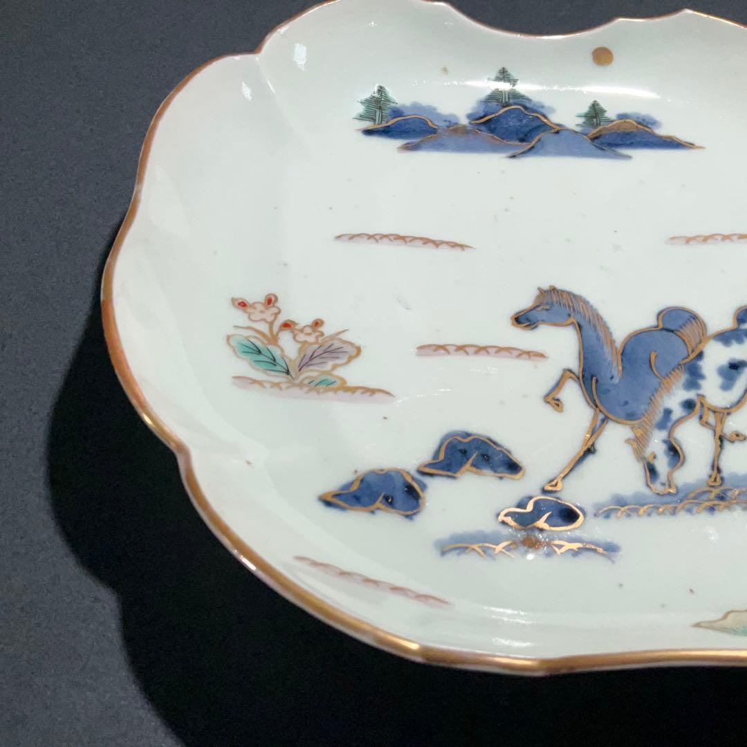 伊万里金襴手馬図変形皿　江戸　古伊万里　金直し　R0917w2ダH