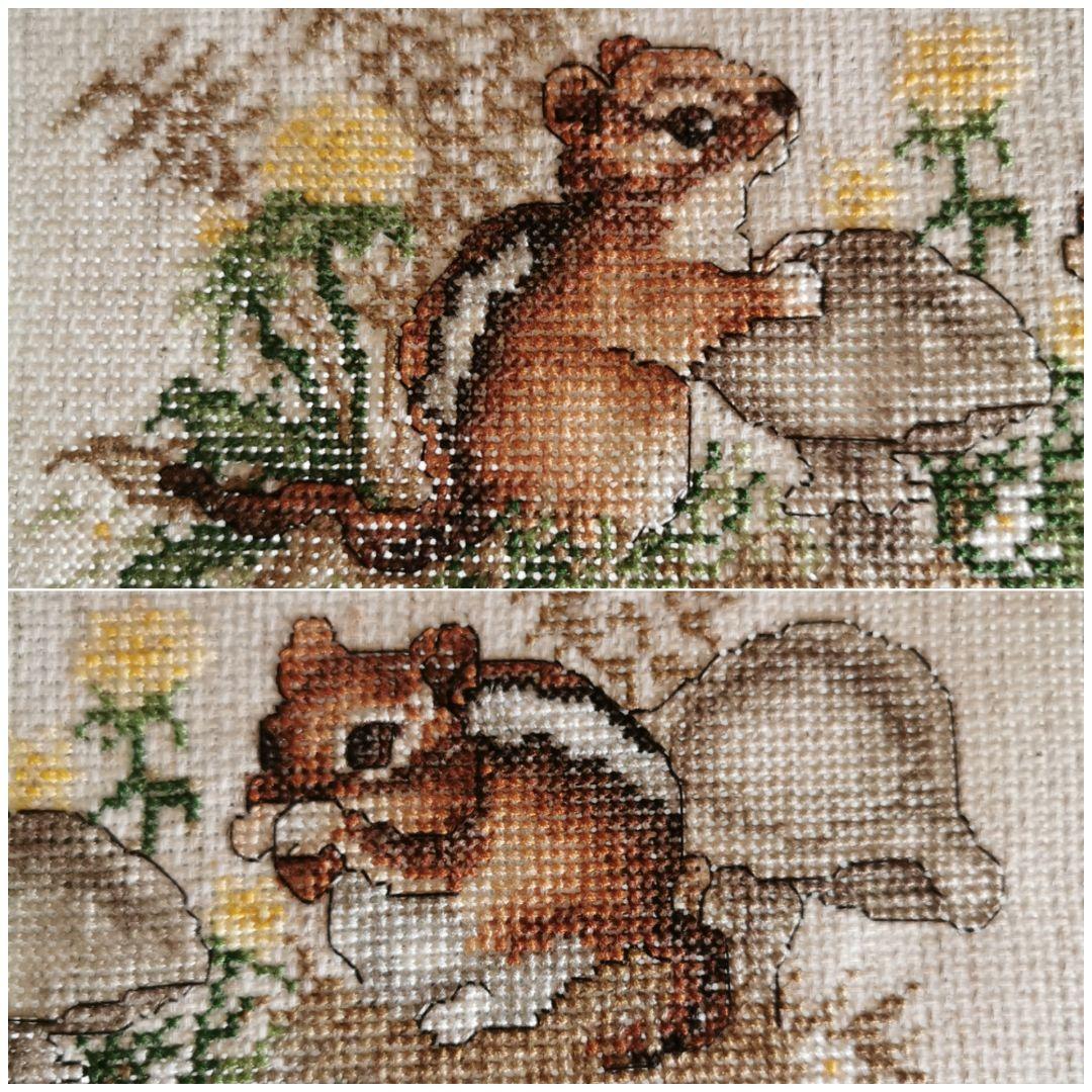 アンティークニードルクロスポイント草原のシマリス麻クロス 蒲公英ドングリ茸リネン