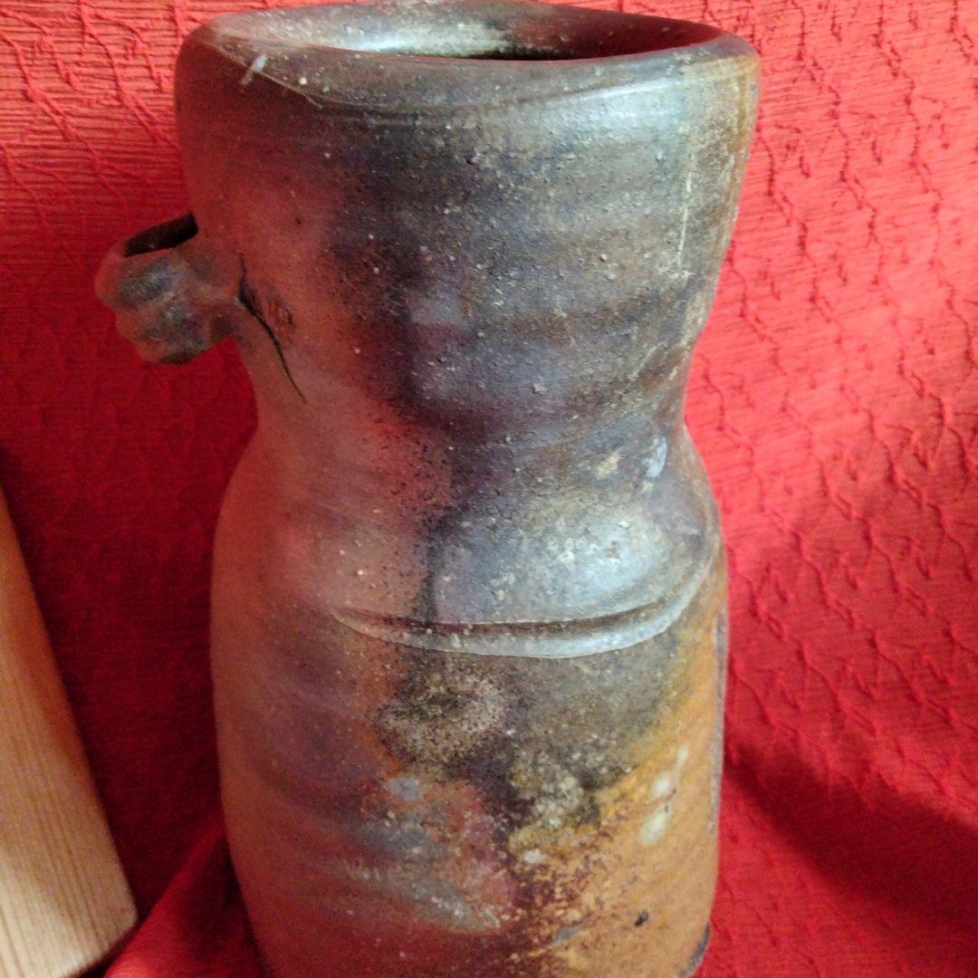 備前　髙原昌治造　釜変耳付花入　登窯　二点　栞無し　共箱あり 川口陶楽苑