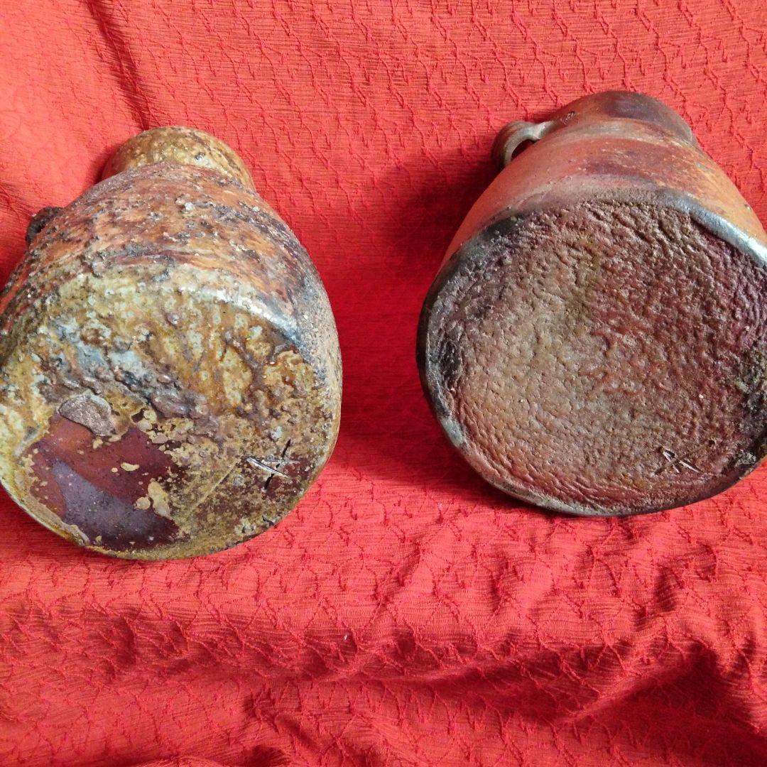 備前　髙原昌治造　釜変耳付花入　登窯　二点　栞無し　共箱あり 川口陶楽苑