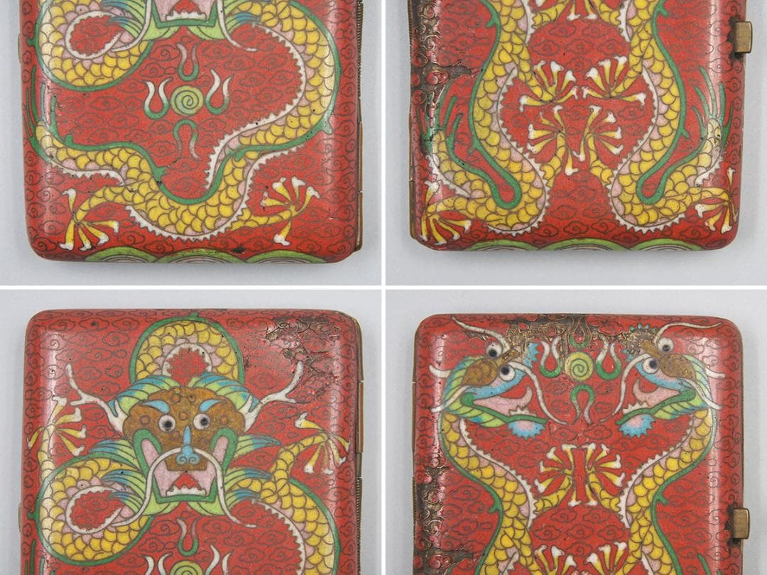 【琺】　★ 景泰藍 銅胎琺瑯彩金龍紋煙盒 ★　清代　双龍戯珠 七宝文様　文房珍玩