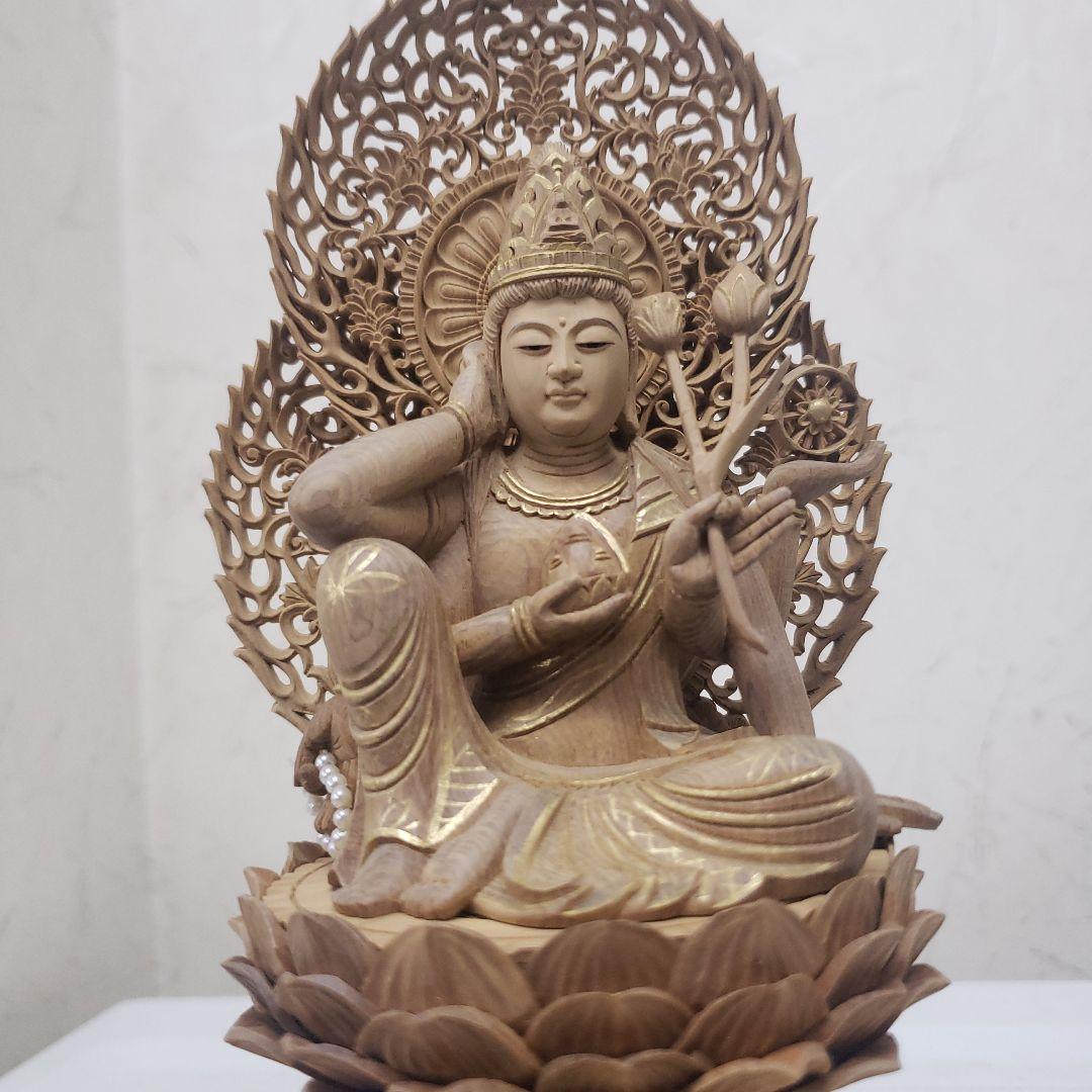 Ｂフライデー蔵出し特価香木 特上彫り如意輪観音菩薩像2.5寸眼入り 二重唐草光背