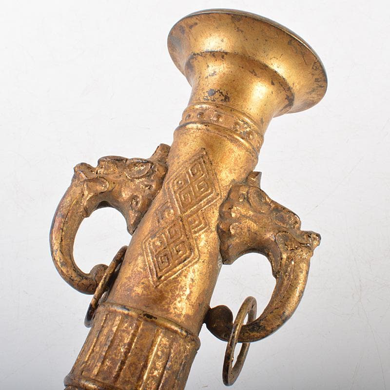 中国　古銅鍍金　饕餮文　双獣耳瓶　M　R6800