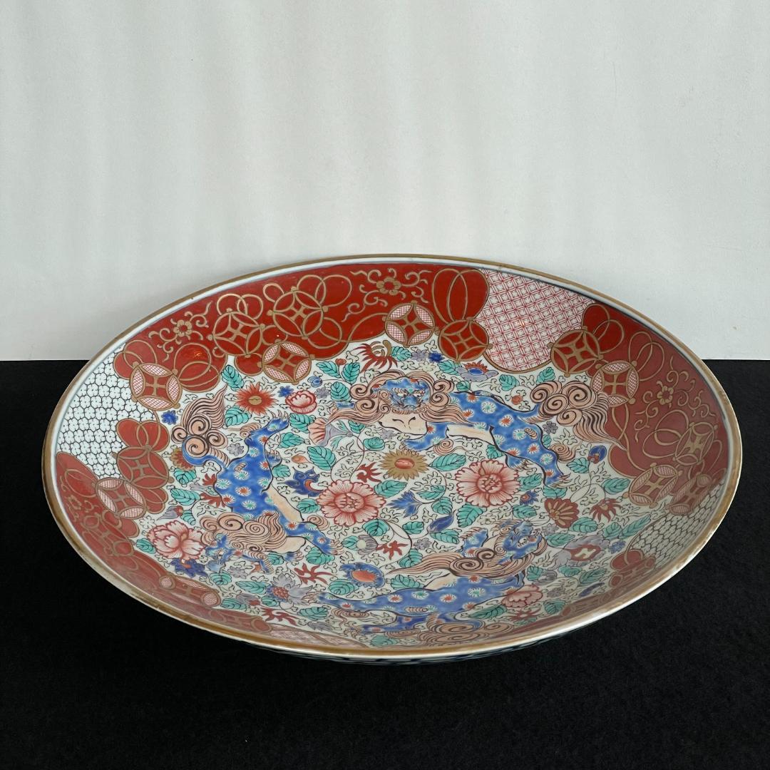 極上 古伊万里 大皿 金蘭手 江戸期 唐獅子 牡丹図 七宝文 紗綾形風 飾皿