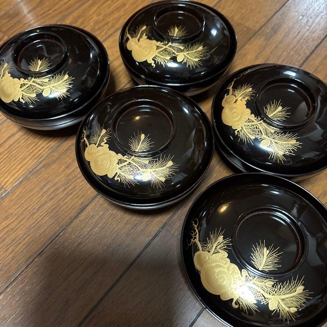 特別出品　アンティーク　蒔絵が素敵な漆器椀五客セット　松と宝珠　お殿様　煮物椀