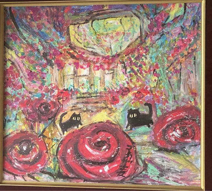 原画【夜はバラの花でロマンチックで宮殿でデートする黒猫2匹】