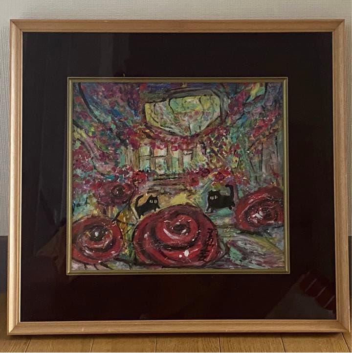 原画【夜はバラの花でロマンチックで宮殿でデートする黒猫2匹】