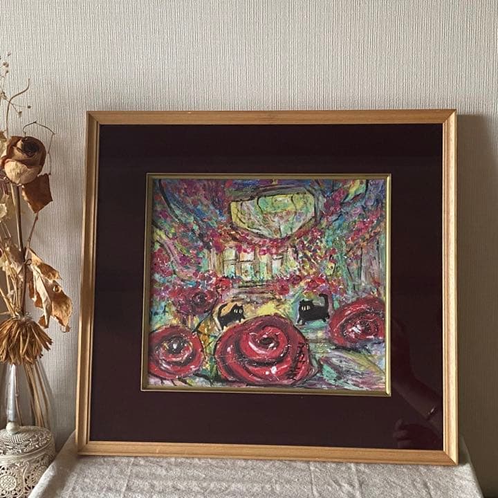 原画【夜はバラの花でロマンチックで宮殿でデートする黒猫2匹】