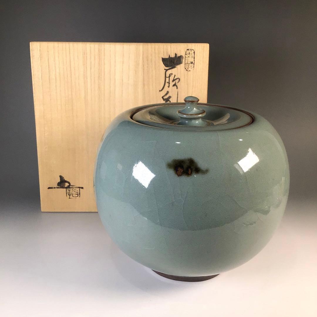 Ｍ２４６　水指　『椿窯　五島哲造』『蕨釉水指』　共箱　茶道具