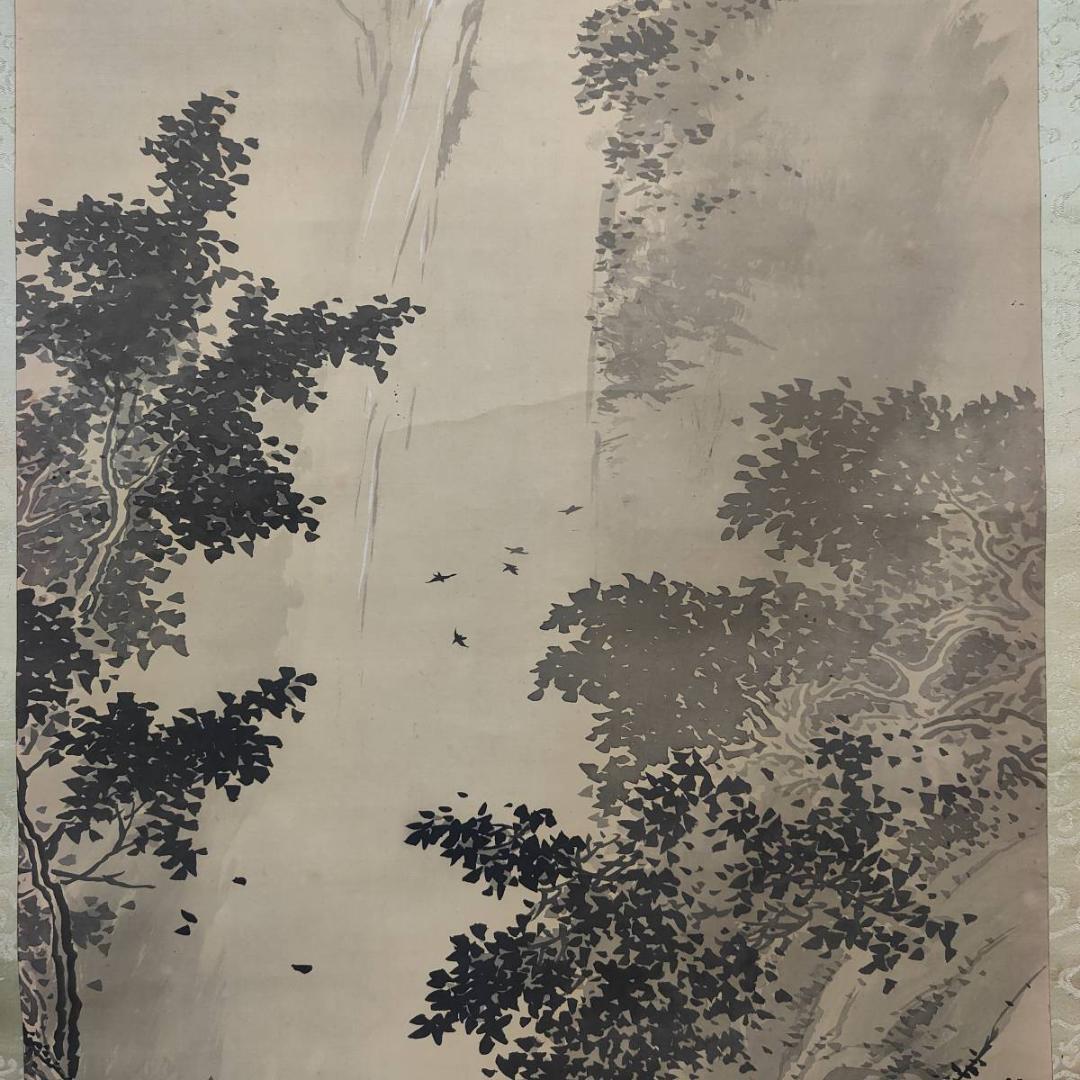 不詳/作者不詳/瀧図/滝図/山水小禽図/布袋屋掛軸A-393