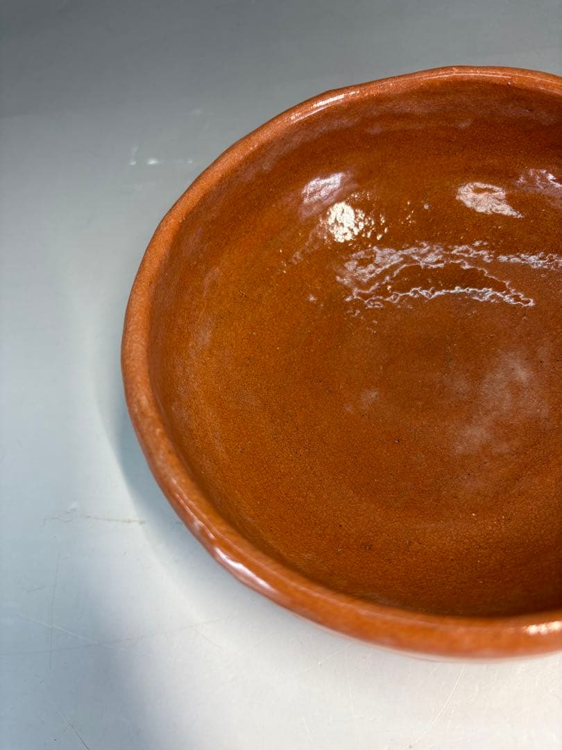 【中古品】八事窯四代中村道年『尼焼道年』赤平茶碗（共箱）USED〈税込•送料込〉