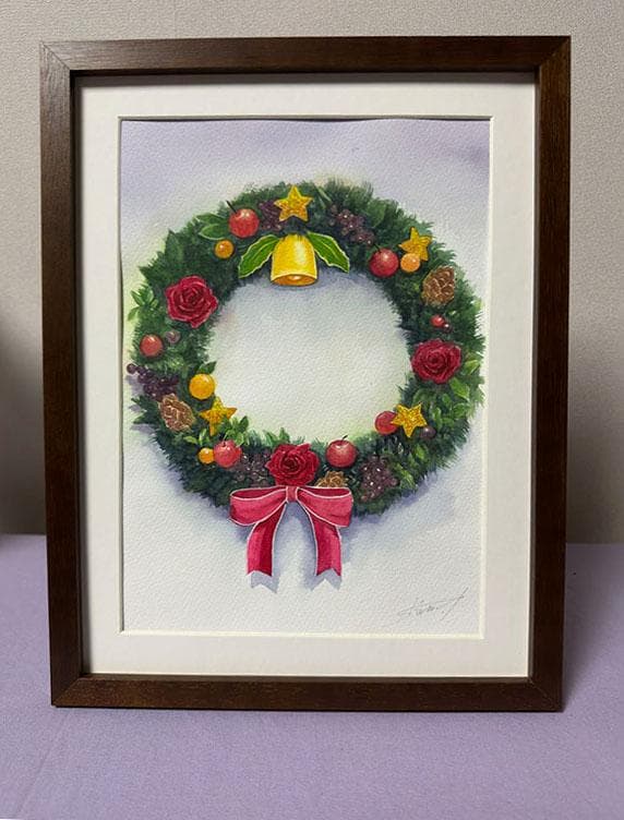 水彩アート「クリスマスリース」１点物、手描き、真筆。