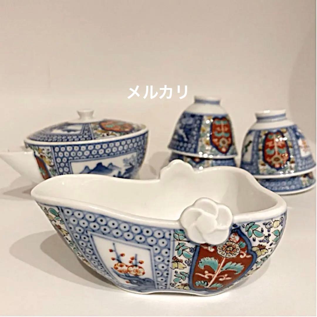 酒井田柿右衛門　煎茶器揃い　宝瓶　湯冷　湯呑　染付茶器　茶道具　染錦間取山水地紋