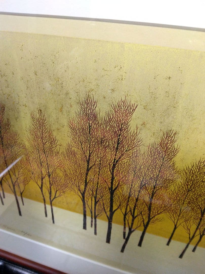 木版画 並木一 『木の風景』tree scene 直筆サイン　1990年　金箔