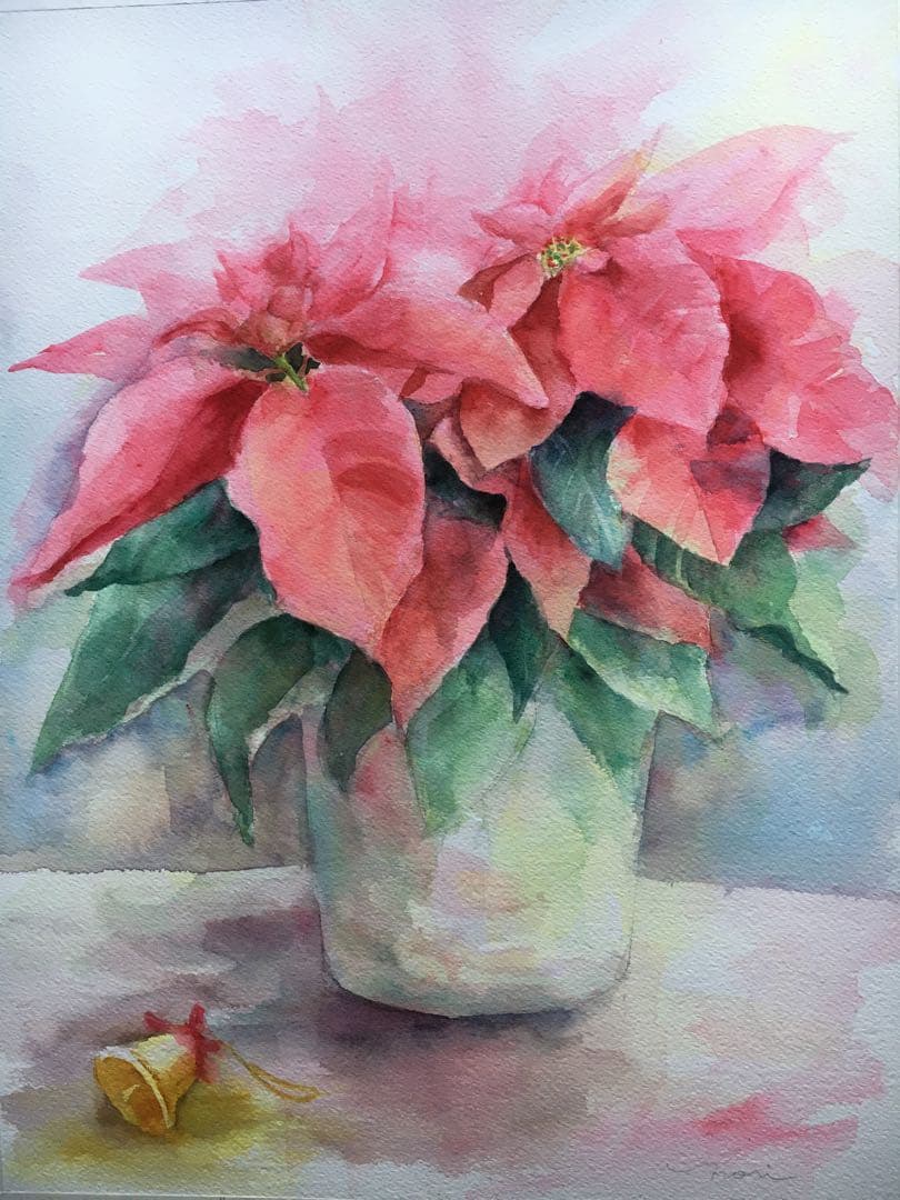 透明水彩画原画　クリスマス　聖夜　ポインセチア