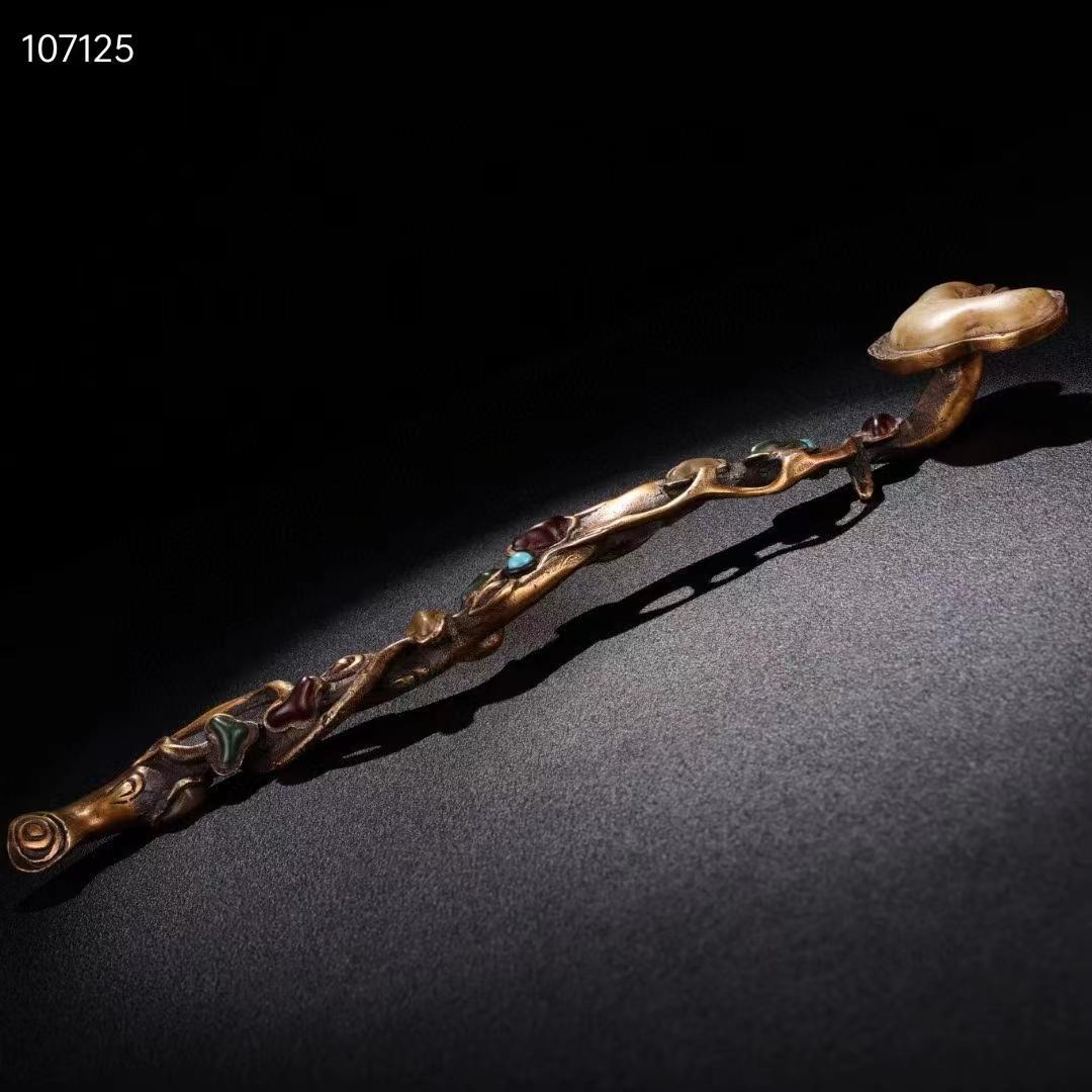 旧蔵・老純銅モザイク玉石宝石霊芝如意，品相保存完璧な・置物・古置物・賞物