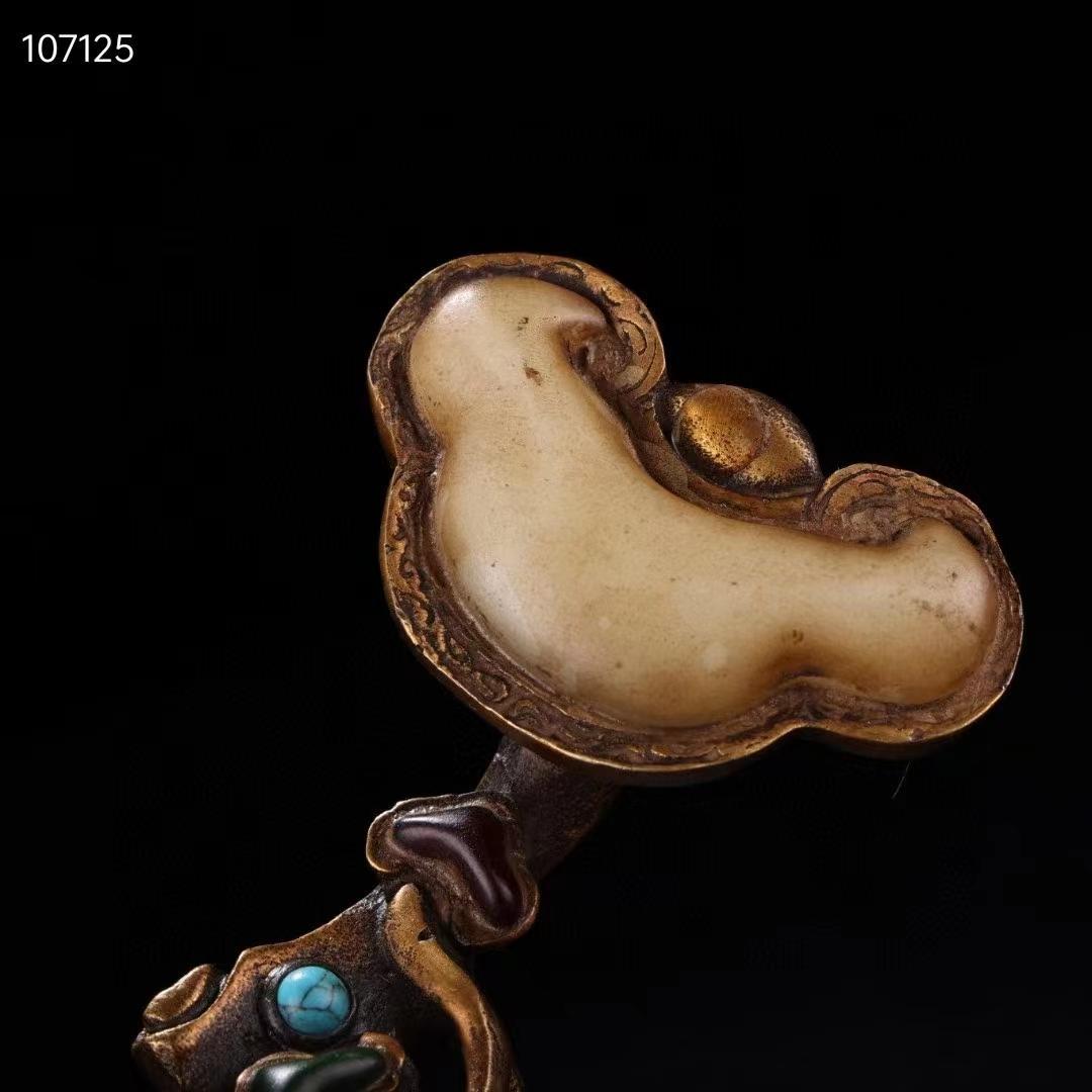 旧蔵・老純銅モザイク玉石宝石霊芝如意，品相保存完璧な・置物・古置物・賞物