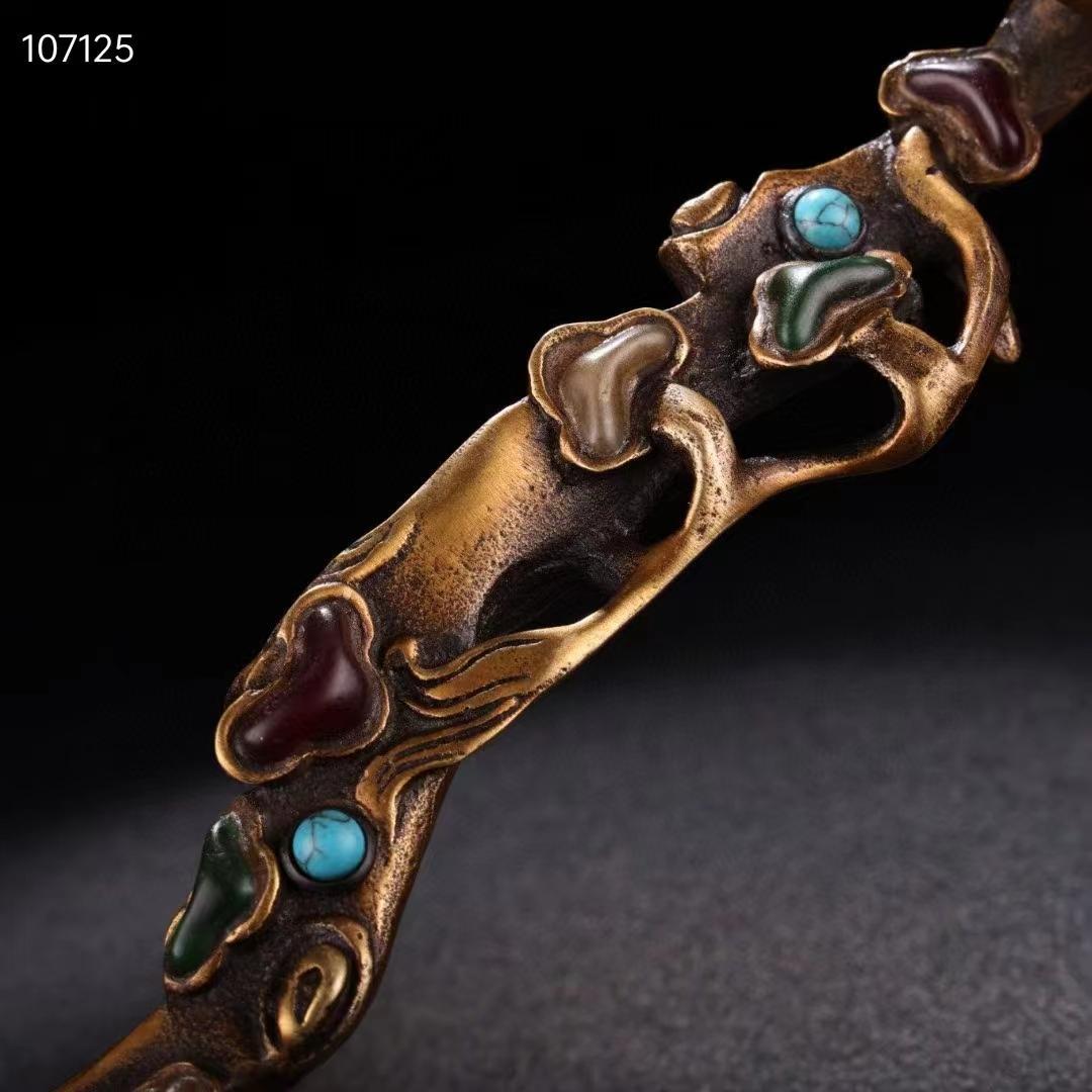 旧蔵・老純銅モザイク玉石宝石霊芝如意，品相保存完璧な・置物・古置物・賞物