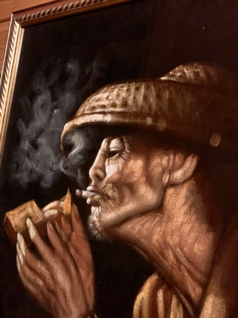 作者不明　たばこを吸う老人　絵画　油絵