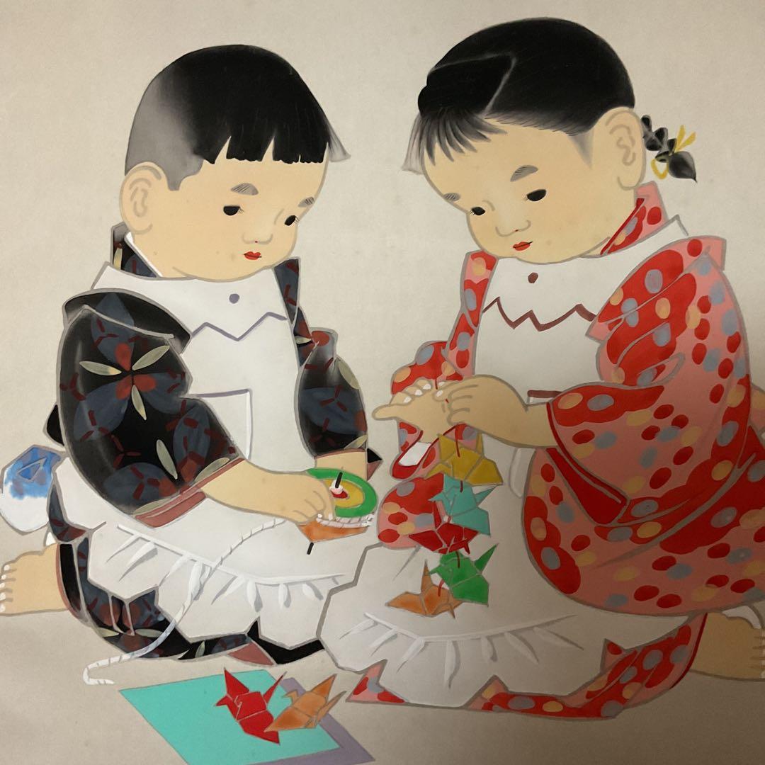 竹 風 筆 【 子供図 】 絹本彩色 共箱に清堂極め記載有り 軸先木