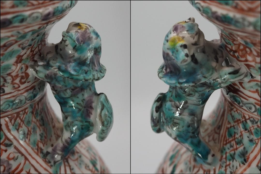 五代清風与平造 赤絵彩色群仙画 花瓶 共箱 共布