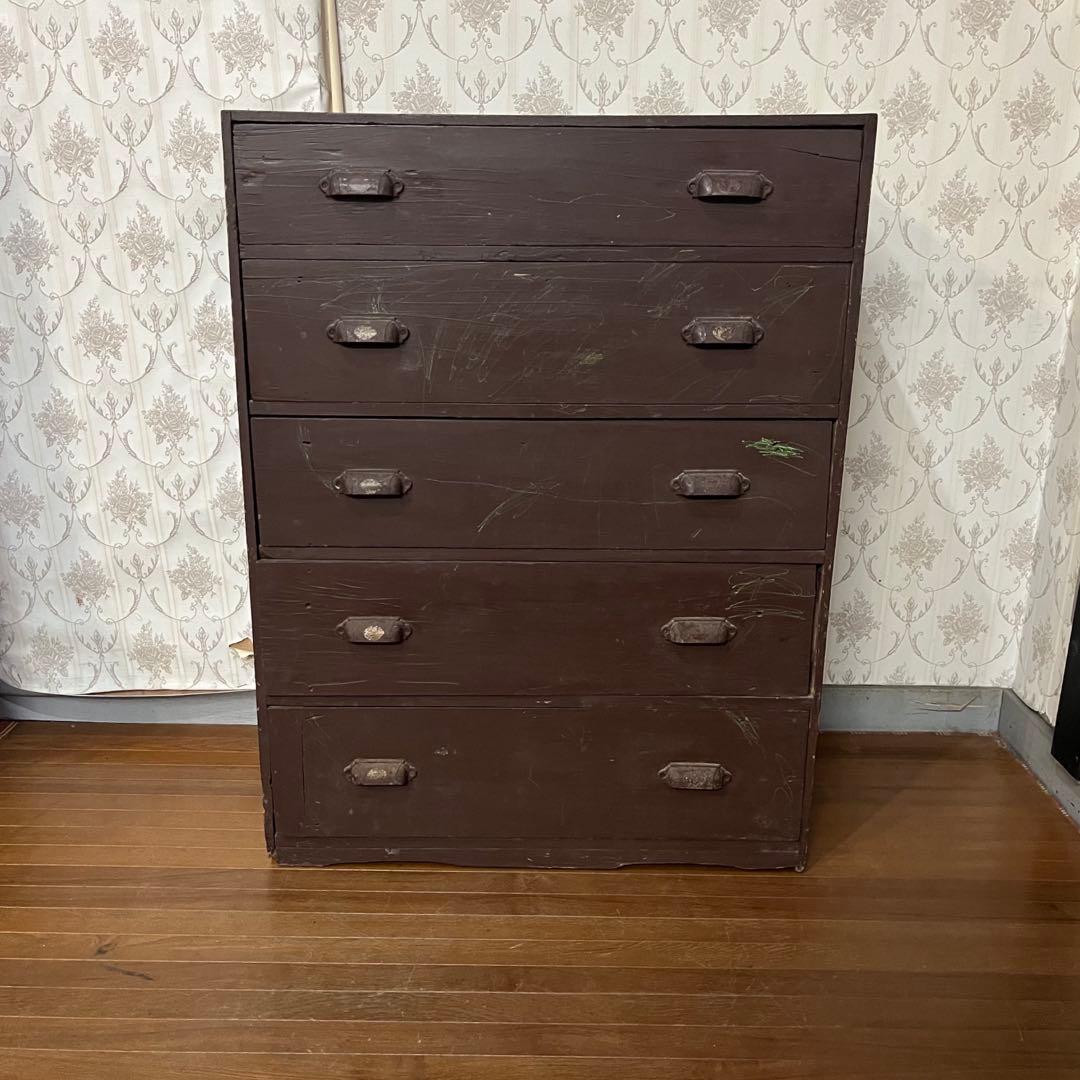 【アンティーク】昭和レトロ 木製 5段 箪笥 チェスト 引き出し 収納棚 古民家